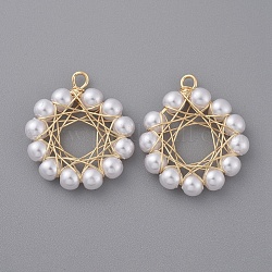 ABS Plastic Imitation Pearl Pendants, Wire Wrapped Pendants, with Brass Wires, Flat Round, Real 18K Gold Plated, Creamy White, 25.5x19.5x4mm, Hole: 2.5mm