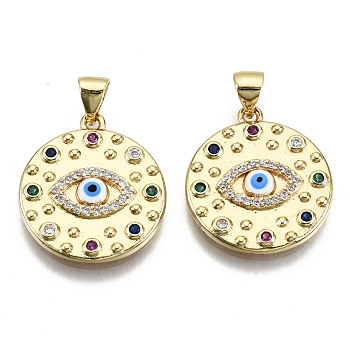 Brass Micro Pave Colorful Cubic Zirconia Pendants, Nickel Free, Flat Round with Evil Eye, Real 16K Gold Plated, 21x18.5x3mm, Hole: 4.5x3.5mm