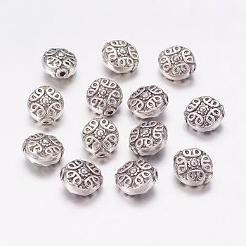 Perles en alliage de style tibétain, sans plomb & sans nickel & sans cadmium , plat rond, argent antique, longueur d'environ 11 mm ,  largeur de 10 mm, épaisseur de 6mm, Trou: 1mm