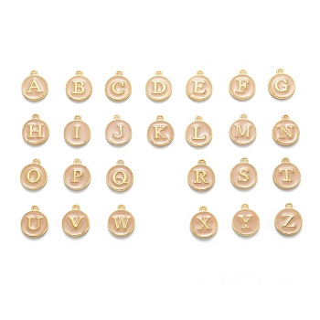Anfangsbuchstabe a~z Alphabet Emaille Charms, flache runde Scheibe doppelseitige Charms, vergoldete emaillierte Pailletten-Legierungs-Charms, peachpuff, 14x12x2 mm, Bohrung: 1.5 mm, 26 Stück / Set
