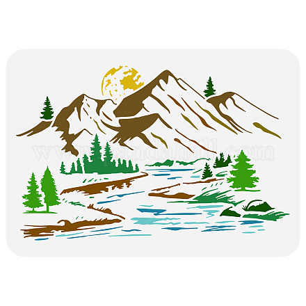 FINGERINSPIRE Mountain Stencil 8.3x11.7inch Reusable River Nature Scenery Painting Template DIY Craft Pine Tree Moon Landscape Decoration Stencil for Painting on Wood Wall Fabric Furniture DIY-WH0396-482-1