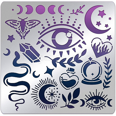 BENECREAT Witchcraft Theme Stencils 15.6x15.6cm The Devil's Eye Snake Moon Stainless Steel Stencil for Drawings and Woodburning DIY-WH0279-058-1