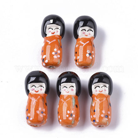 手作りの陶器ビーズ  ファミーユスタイルバラ  日本のこけし形  ダークオレンジ  30~31x14x13~14mm  穴：2.5mm PORC-N004-B-43-1