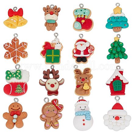 SUNNYCLUE 1 Box 32pcs 16 Styles Christmas Charms Bulk Snowman Charms Resin Snowman Tree Snowflake Reindeer Socks Holiday House Charm for Jewelry Making Charms Findings Necklace Earring Adults Craft RESI-SC0002-51-1