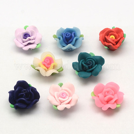 Handmade Polymer Clay 3D Flower with Leaf Beads CLAY-Q202-12mm-M-1
