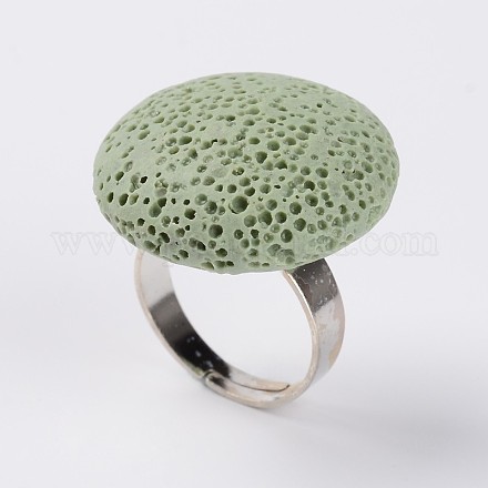 Adjustable Flat Round Lava Rock Gemstone Finger Rings RJEW-I009-04-1