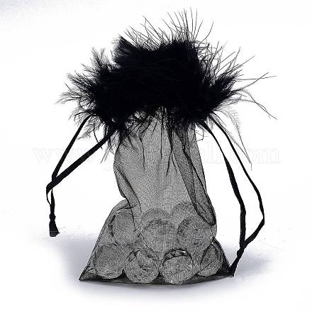 オーガンジーギフトバッグ巾着袋  ドローストリングとフェザー付き  ジュエリーポーチバッグ  結婚式パーティーキャンディメッシュバッグ  長方形  ブラック  17.5x12.5x0.07cm OP-F001-D-01-1