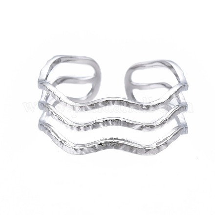 304 Stainless Steel Triple Line Wave Open Cuff Ring RJEW-T023-02P-1