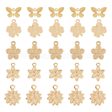 Superfindings 50 pieza 5 estilos placa de oro real de 14k colgantes de latón colgantes de trébol de flores colgantes de joyería de mariposa para fabricación de joyas y manualidades KK-FH0004-69-1