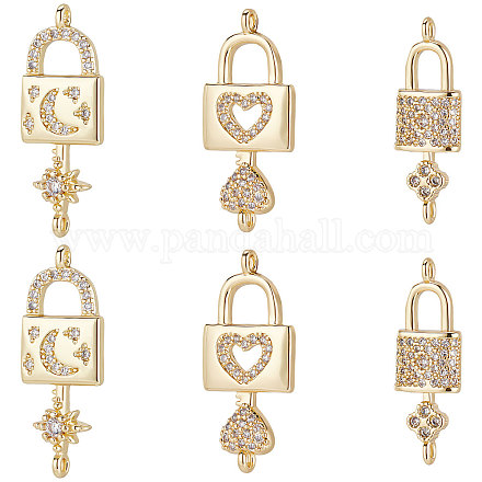 Beebeecraft 6Pcs/Box 3 Styles Valentine s Day Lock with Key Charms 18K Gold Plated Brass Link Connector with Cubic Zirconia Heart Moon Star for Mother's Day DIY Craft Necklace Bracelet KK-BBC0002-94-1