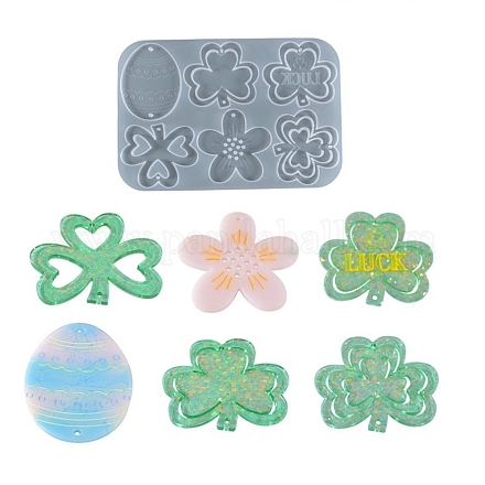 Stampi in silicone per ciondoli a forma di uovo di Pasqua e trifoglio e fiore X-DIY-L065-01-1