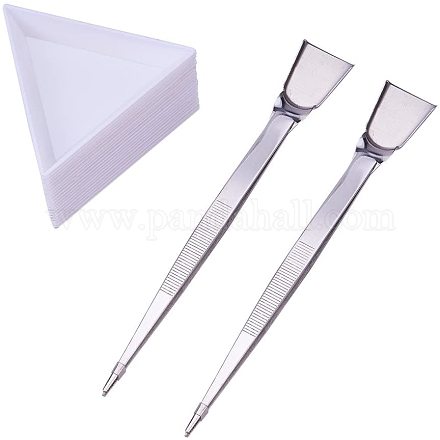 PandaHall 20 Pcs White Plastic Triangle Bead Sorting Trays and 2 Pcs Stainless Steel Handy Tweezer with Scoop Shovels TOOL-PH0015-01-1
