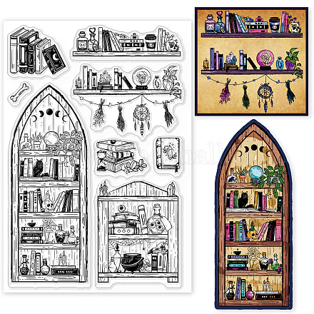 GLOBLELAND Bookshelf Witchcraft Books Clear Stamps for DIY Scrapbooking Magic Bookshelf Literary Theme Silicone Clear Stamp Seals for Journals Decorative Cards Making Photo Album DIY-WH0167-57-0507-1