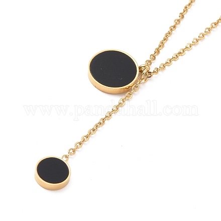 Collier lariat pendentif rond plat coquillage synthétique noir NJEW-A004-18G-1