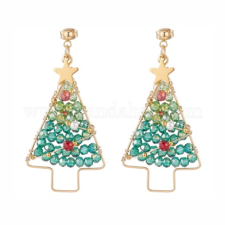 Geflochtene Weihnachtsbaum-Ohrstecker aus Muschelperlen und Glas EJEW-TA00090-1