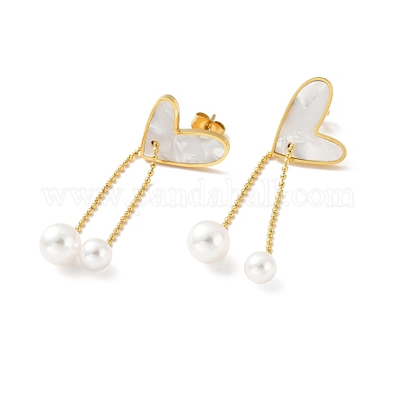 Shell Heart with Acrylic Pearl Dangle Stud Earrings EJEW-P203-11G-1