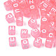 透明なアクリルビーズ  白いランダム混合文字の立方体  ピンク  6x6x6mm  穴：3.5mm X1-TACR-ywc0001-01B-1