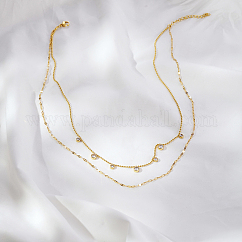 Colliers de luxe légers en acier inoxydable pavé de zircons cubiques transparents à double couche avec pompon rond plat pour femmes à porter au quotidien, véritable 18k plaqué or, 16.54 pouce (42 cm)