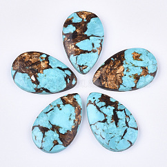 Pendentifs assemblés en bronzite naturelle et turquoise synthétique, larme, bleu ciel, 48x30~30.5x7mm, Trou: 1.4mm