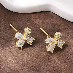 Orecchini a bottone con micro pavè di fiori in ottone e zirconi trasparenti&nbsp;EJEW-F400-01A-G