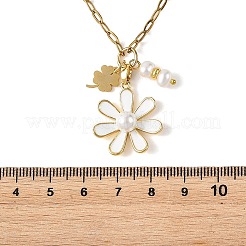 Collares de cadena tipo clip de acero inoxidable 304 con colgante de flor de latón esmaltado y perla natural para mujer.&nbsp;NJEW-JN06358