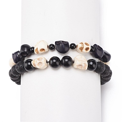 Juego de pulseras de cuentas trenzadas con calavera de piedras preciosas mixtas y roca de lava natural de 2 estilos 2 Uds.&nbsp;BJEW-JB08381