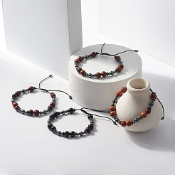 Bracelet en bois naturel et perles tressées en hématite synthétique&nbsp;BJEW-JB07823