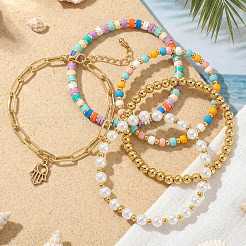 5 Stück 304 Edelstahl & handgefertigtes Heishi Polymer Clay/Glasperlen/Kunststoffperlen Stretch-Armband-Set&nbsp;AF7427-1