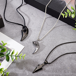 3pcs 3 styles corne & pointe de lance & loup 304 colliers pendentifs en acier inoxydable avec corde cirée pour hommes femmes&nbsp;NJEW-AN0001-45