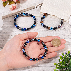 10 mm runde Stretch-Armbänder aus natürlichem Tigerauge und Obsidian und bösen Blickperlen für Frauen und Männer&nbsp;BJEW-TA0001-19