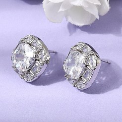 Boucles d'oreilles puces en laiton pavé de zirconiums cubiques transparents et verre&nbsp;EJEW-G471-03P-01