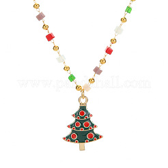 Colliers de perles en résine colorée avec pendentif en alliage de Noël et en laiton émaillé rouge et vert pour femmes&nbsp;FS-WGF8F07-06