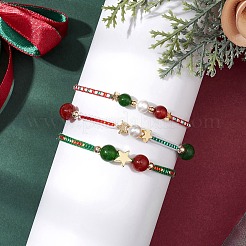 3 pièces 3 styles noël 8mm rond teint naturel malaisie jade et cornaline naturelle et perles de rocaille de verre bracelets de perles tressées&nbsp;BJEW-MZ00070