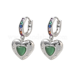 Pendientes colgantes de aro en forma de corazón con circonitas cúbicas micro pavé de latón y cuentas de ojo de gato.&nbsp;KK-CBAD9DF-01P