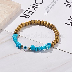 Bracelet extensible en bois naturel et copeaux d'howlite synthétique avec mauvais œil au chalumeau&nbsp;BJEW-JB08148