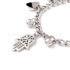 Anlaufgeschütztes 201 Edelstahl-Charm-Armband mit Herz- und Hamsa-Hand-Anhänger und Panzerkette für Damen&nbsp;STAS-P304-29P
