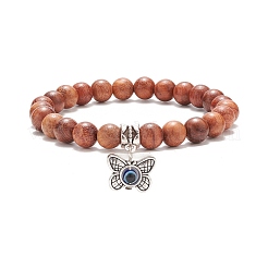 Bracciale elasticizzato in legno naturale con perline rotonde&nbsp;BJEW-JB08223