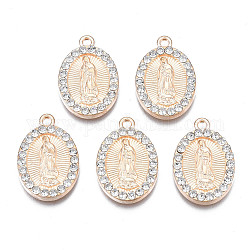 Alloy Pendants, with Rhinestone, Light Gold, Cadmium Free & Lead Free, Oval with Virgin Mary, Crystal, 22x14.5x2mm, Hole: 1.6mm