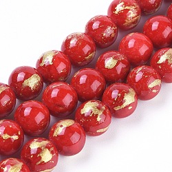 Fili di perline giada naturale, con lamina d'oro, tinto, tondo, rosso, 10mm, Foro: 1.4 mm, circa 39pcs/filo, 15.55 pollice (39.5 cm)