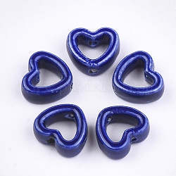 Marcos de cuentas de porcelana hechas a mano, porcelánico esmaltado brillante, corazón, azul, 12~12.5x13.5x5.5mm, agujero: 2 mm