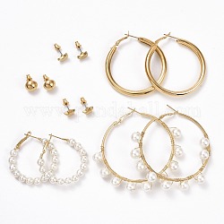 Conjunto de aretes de estrella, luna y media caña, con aretes de aro con perlas de resina, Pendientes de hierro con envoltura de alambre para mujer., dorado, 9~70x5~9mm, pin: 0.8~0.9 mm, 6 pares / set