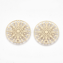 Brass Links connectors, Etched Metal Embellishments, Flat Round with Snowflake, Light Gold, 20x0.3mm, Hole: 1.3mm