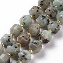 Chapelets de perles en jaspe au sésame naturel, avec des perles de rocaille, tambour à barillet bicône à facettes, 9~10mm, Trou: 1.2mm, Environ 29~32 pcs/chapelet, 14.45~14.84 pouce (36.7~37.7 cm)