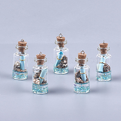 Decorazioni pendenti in vetro per bottiglie di auguri, con resina, carta e scocca, con tappo in sughero e reperti in ferro, azzurro, 40~42x16mm, Foro: 2 mm
