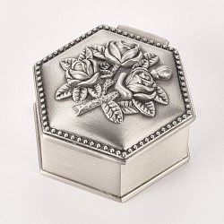 Boîtes à bijoux princesse classique européenne, boîtes à bijoux en alliage sculpté rose, pour cadeau d'artisanat, polygone, argent antique, 5.55x5.8x3.3 cm