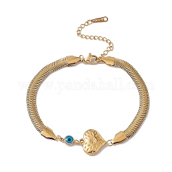 Bracelet à maillons mauvais œil en émail avec chaînes serpent plates, 304 bijoux en acier inoxydable pour femme, or, motif de coeur, cœur: 19x15x4 mm, 7-5/8 pouce (19.5 cm)