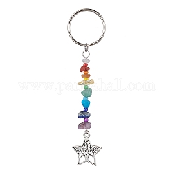 Tree of Life Tibetan Style Alloy Pendant Keychains, with Natural Gemstone Chip Beads and Iron Split Key Rings, Star, 10.4cm