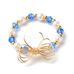 Imiter les bagues en perles de verre bicône en cristal autrichien, avec des perles de nacre rondes et 304 perles rondes en acier inoxydable, fil de cuivre écologique, bowknot, véritable 18k plaqué or, bleu, nous taille 9 (18.9 mm)