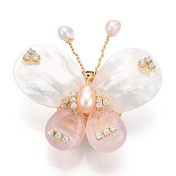 Broches papillon en coquillage blanc naturel et quartz rose pavé de zircone cubique pour femmes, épingles à perles en laiton, véritable 14k plaqué or, 34~37.5x38~39.5x14mm