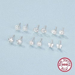 6 paires 6 styles 999 ensembles de boucles d'oreilles en argent fin pour femmes, trèfle creux, étoile, fleur et papillon, platine, 4.5~6mm, 1 paire/style
